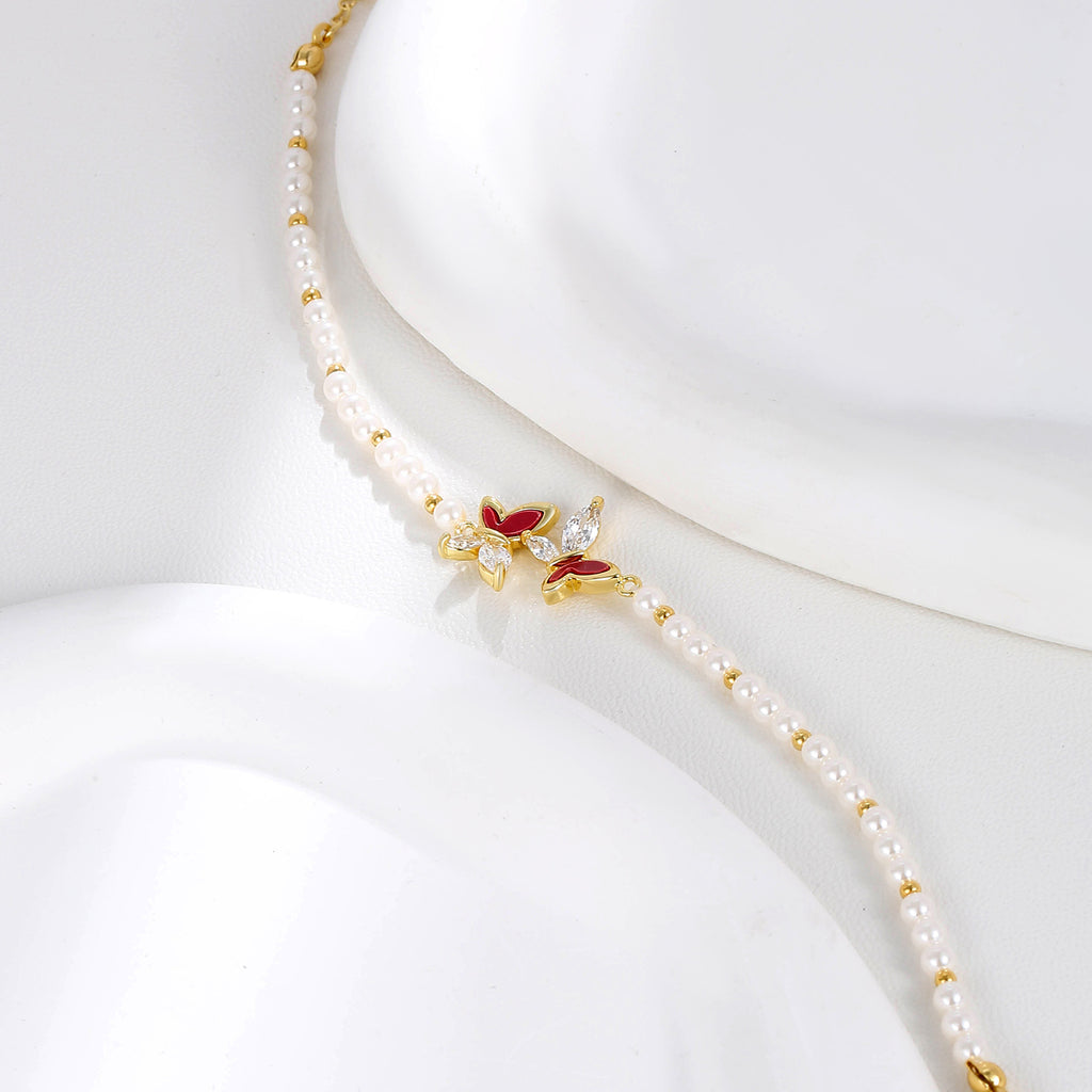 Red Enamel & Marquise CZ Butterfly Pearl Beaded Bracelet | 18K Gold Plated Brass | Wholesale OEM