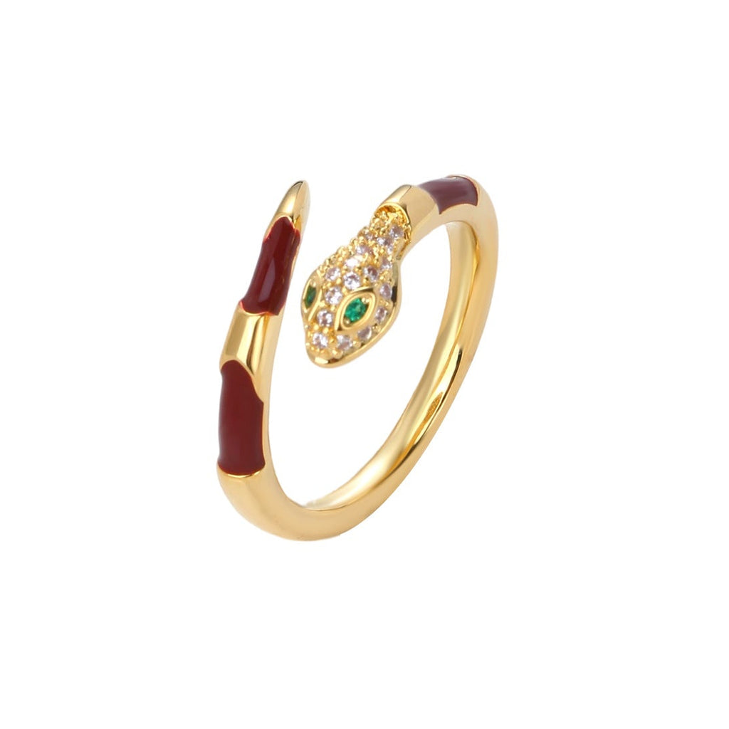 Red Enamel Pave CZ Snake Open Ring | 18K Gold Plated Brass | Wholesale OEM