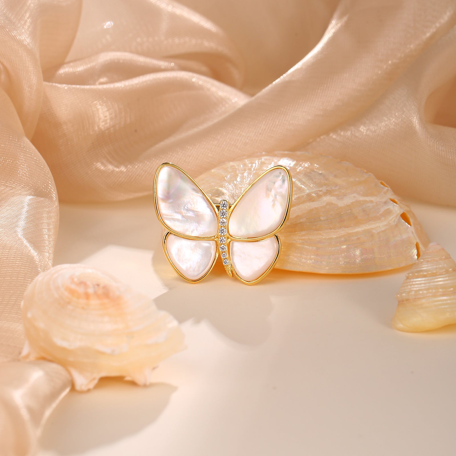 Mother of Pearl Butterfly Brooch with Pavé CZ Body | 18K Gold Plated Brass | Wholesale OEM