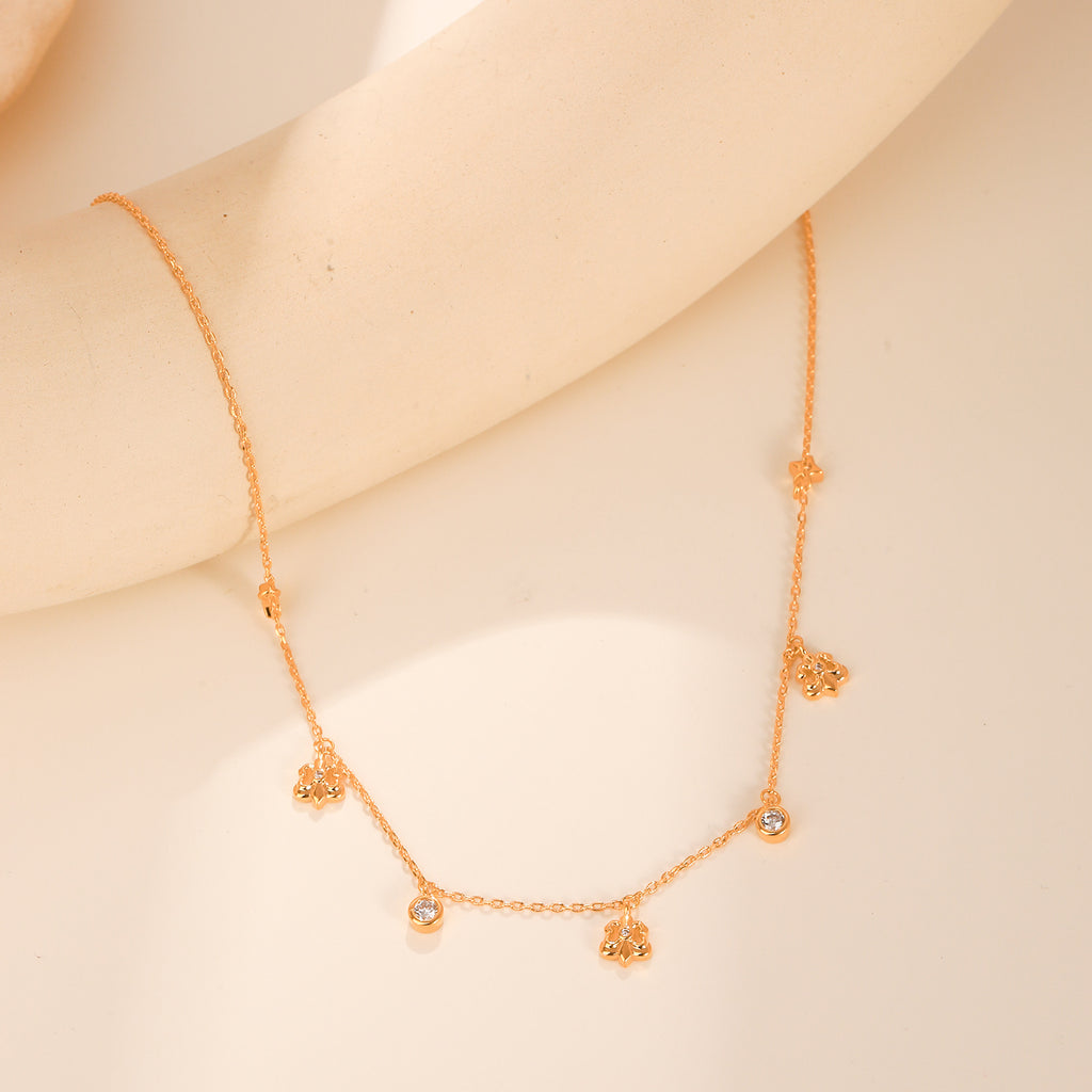 Dainty Fleur-de-lis & Star CZ Charm Station Necklace | 18K Gold Plated Brass | Wholesale OEM