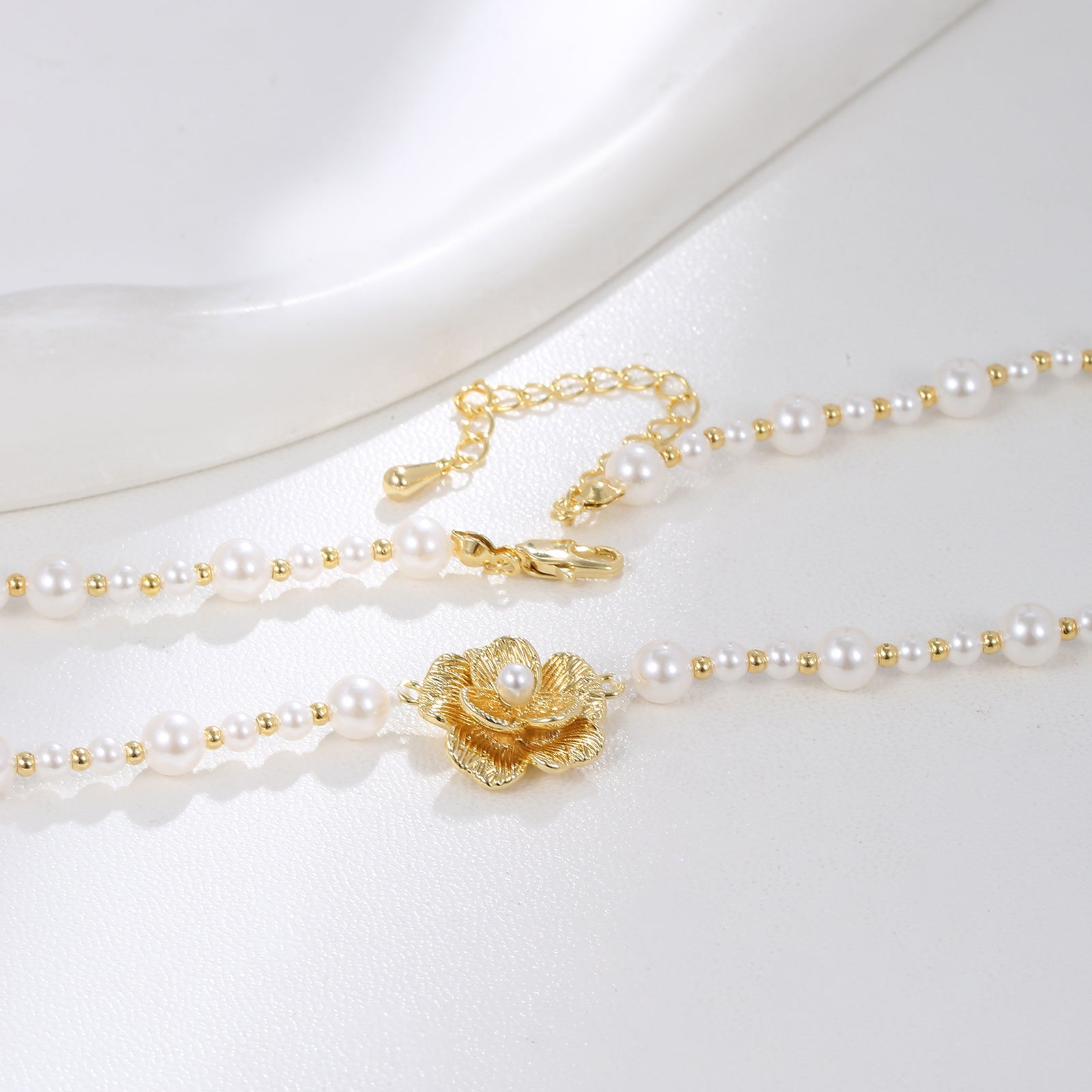 Brushed 3D Flower Pearl Beaded Strand Necklace | 18K Gold Plated Brass | Wholesale OEM
