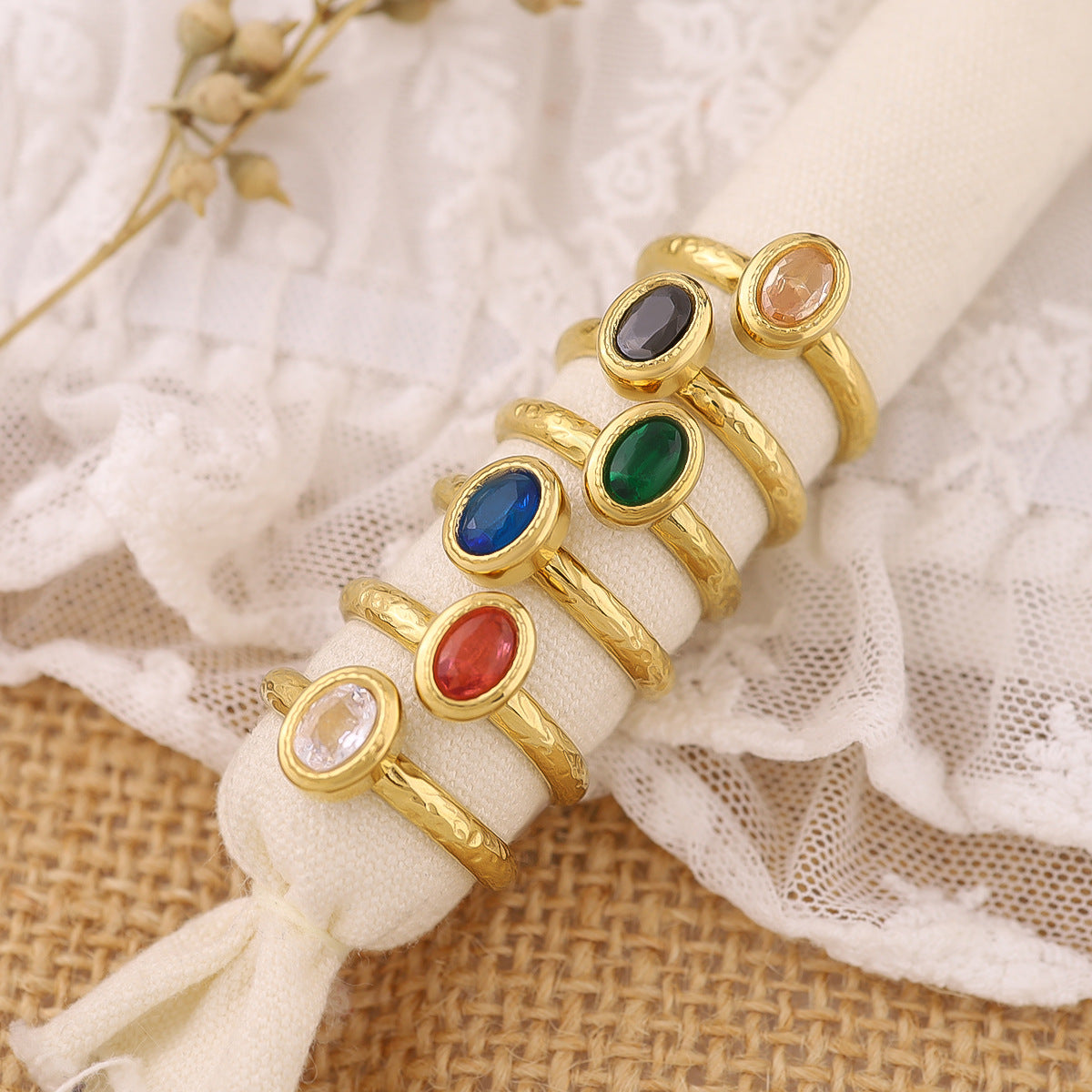 Oval Zircon Hammered Ring | 18K Gold Plated 316L Stainless Steel | Adjustable Wholesale
