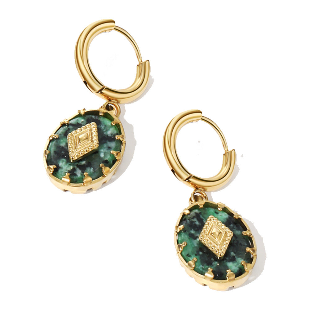 Vintage Oval Green Stone Huggie Earrings | 18K Gold Plated 316L Stainless Steel | Wholesale OEM