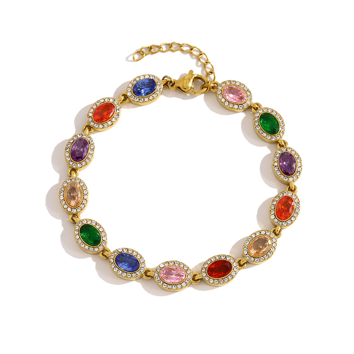 Multicolor Oval CZ Halo Bracelet | 18K Gold Plated 316L Stainless Steel | Wholesale OEM