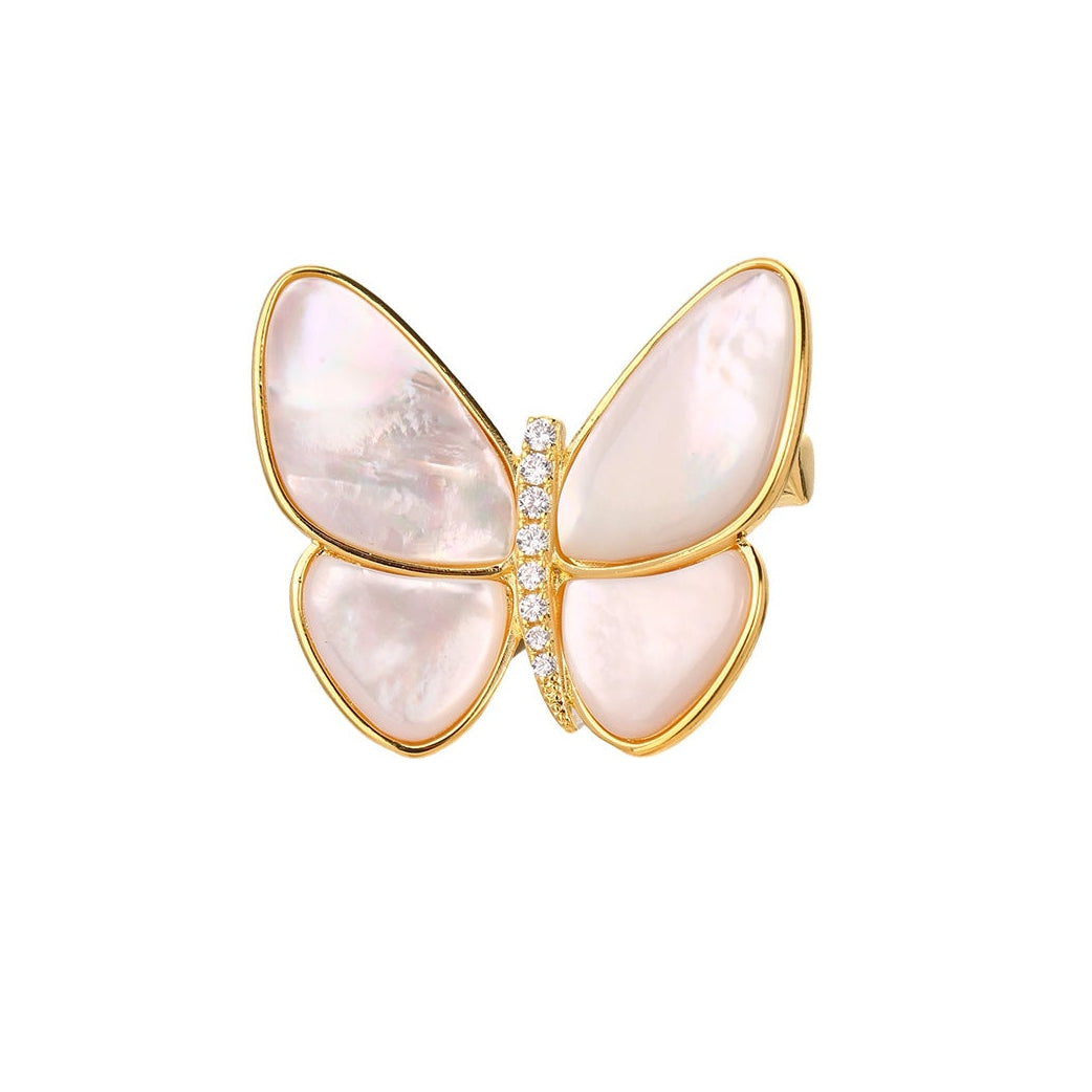 Mother of Pearl Butterfly Brooch with Pavé CZ Body | 18K Gold Plated Brass | Wholesale OEM