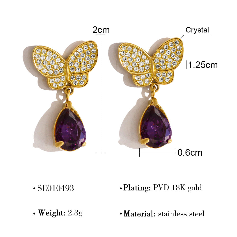 Butterfly Pave CZ Teardrop Purple Dangle Earrings | 18K Gold Plated 316L Stainless Steel | Wholesale OEM