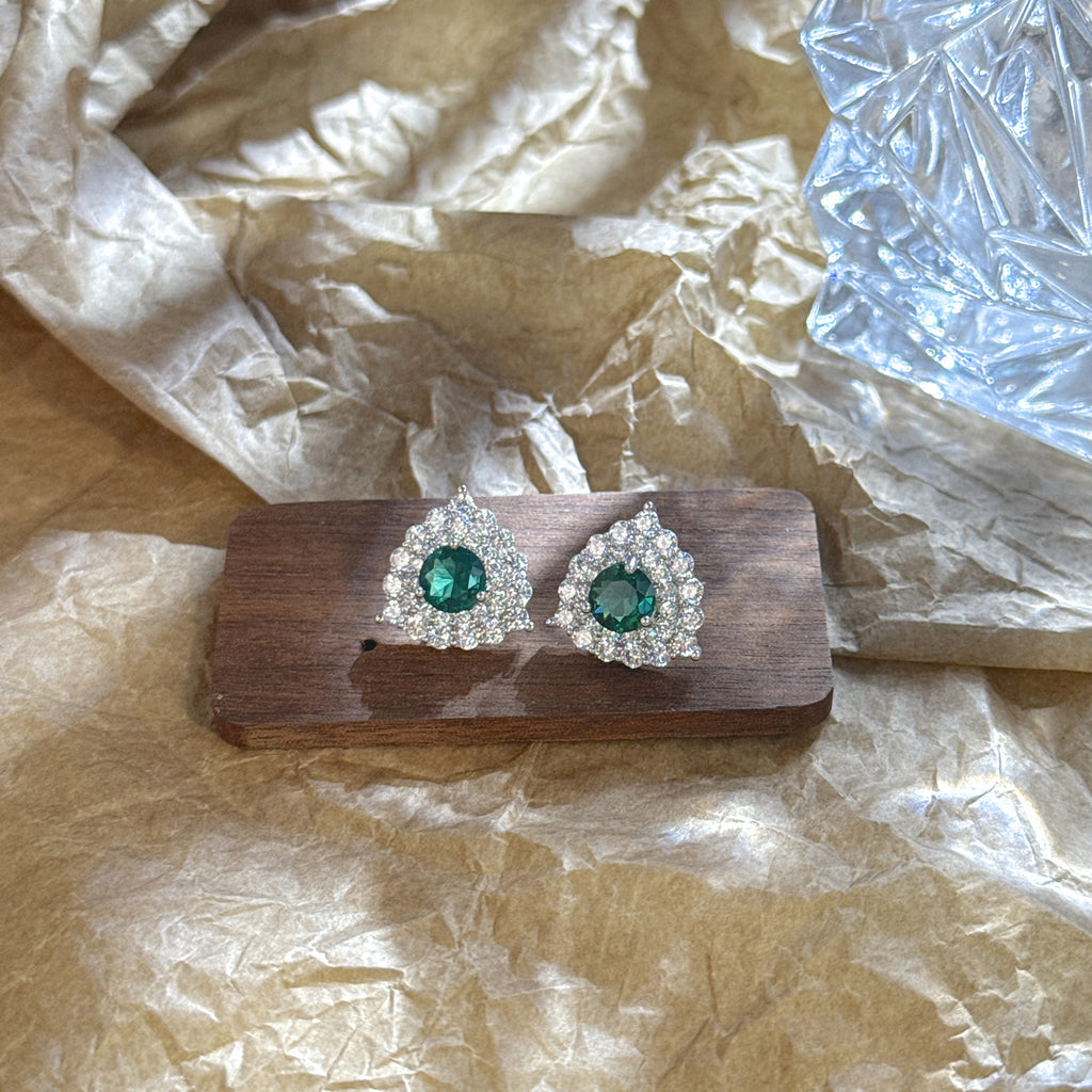 Emerald Green CZ Double Halo Triangle Stud Earrings | Silver Plated Brass | Wholesale OEM