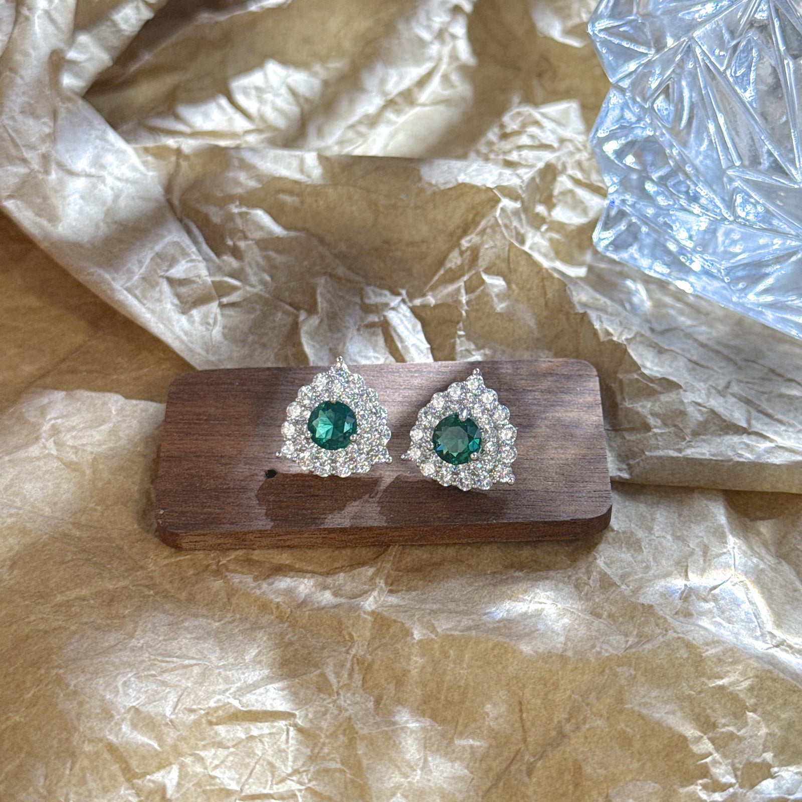 Emerald Green CZ Double Halo Triangle Stud Earrings | Silver Plated Brass | Wholesale OEM