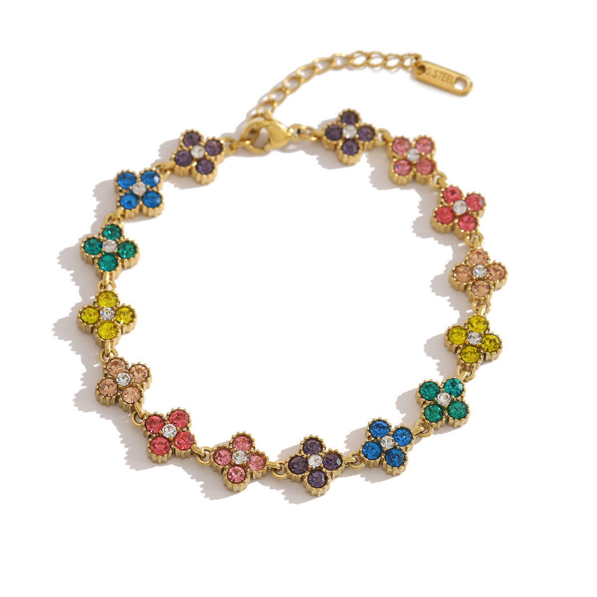 Multicolor Flower CZ Chain Bracelet | 18K Gold Plated 316L Stainless Steel | Wholesale OEM