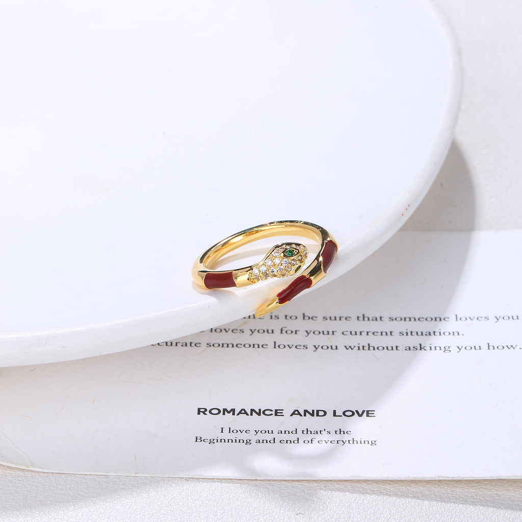 Red Enamel Pave CZ Snake Open Ring | 18K Gold Plated Brass | Wholesale OEM