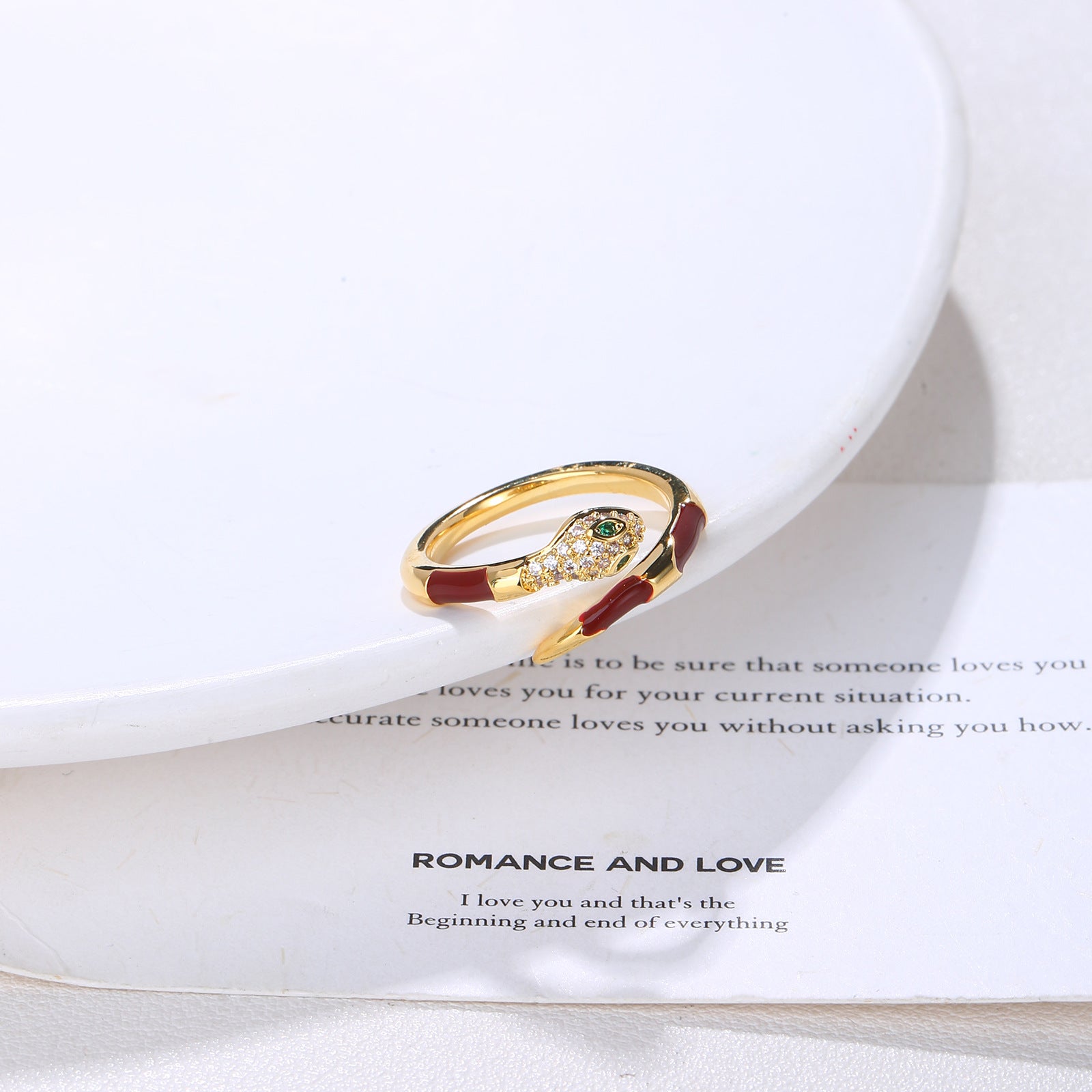Red Enamel Pave CZ Snake Open Ring | 18K Gold Plated Brass | Wholesale OEM