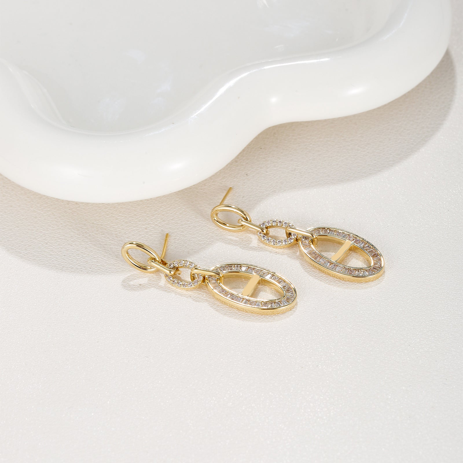 Baguette & Round CZ Linked Oval Drop Earrings | 18K Gold Plated Brass | Wholesale OEM