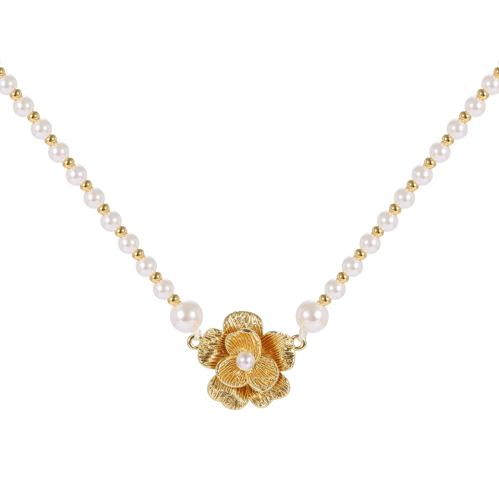 Brushed 3D Flower Pearl Beaded Strand Necklace | 18K Gold Plated Brass | Wholesale OEM