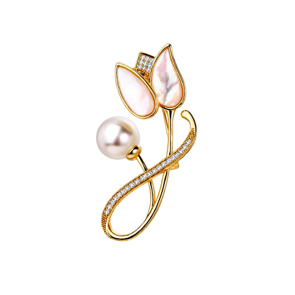 Mother of Pearl Tulip Brooch with Pearl & Pavé CZ Stem | 18K Gold Plated Brass | Wholesale OEM