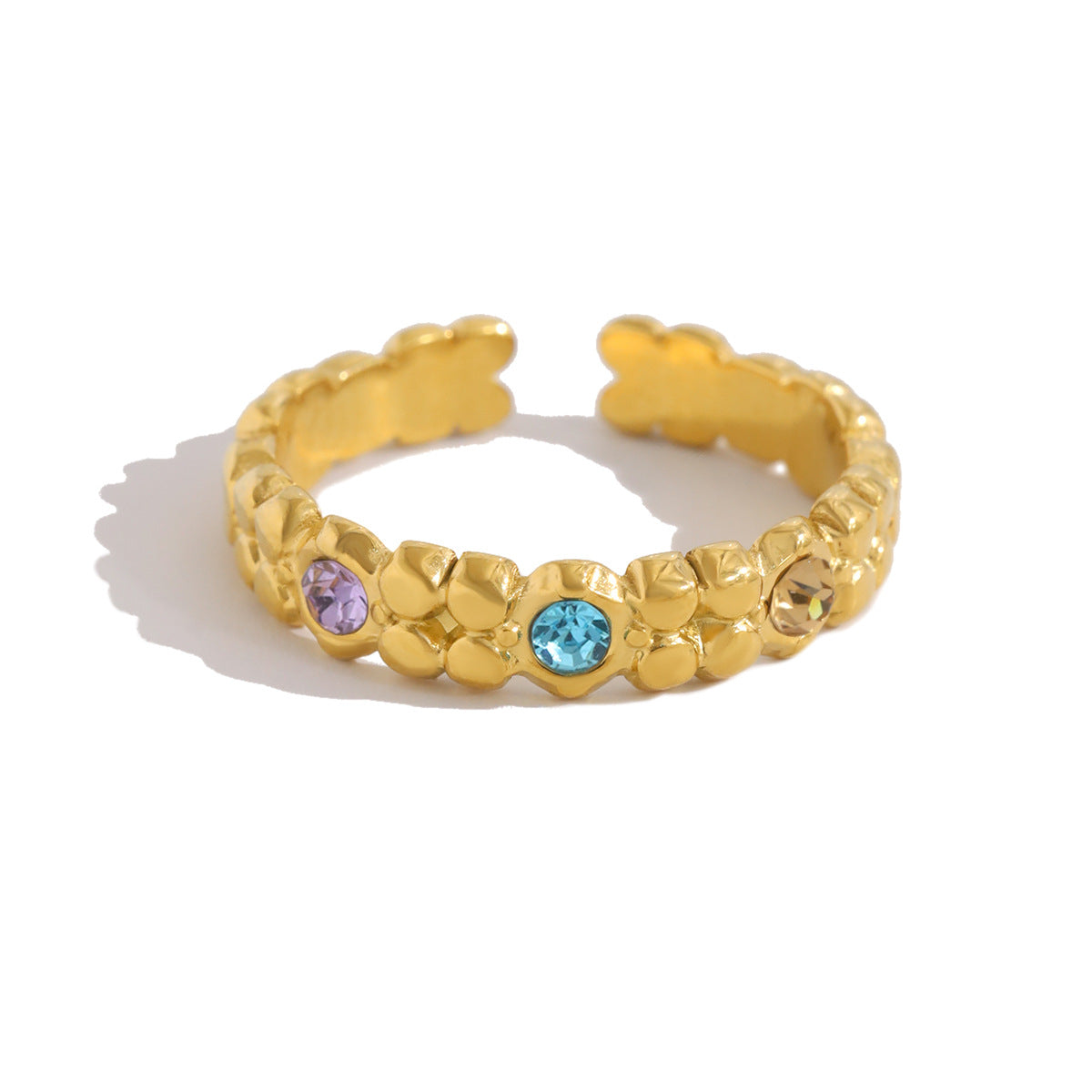 Multicolor Zircon Textured Open Ring | 18K Gold Plated 316L Stainless Steel | Wholesale OEM