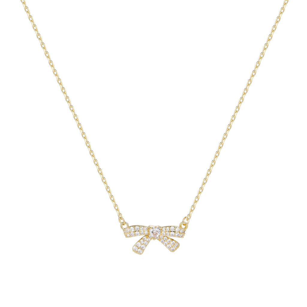 Pavé Clear CZ Bow Pendant Dainty Chain Necklace | 18K Gold Plated Brass | Wholesale OEM