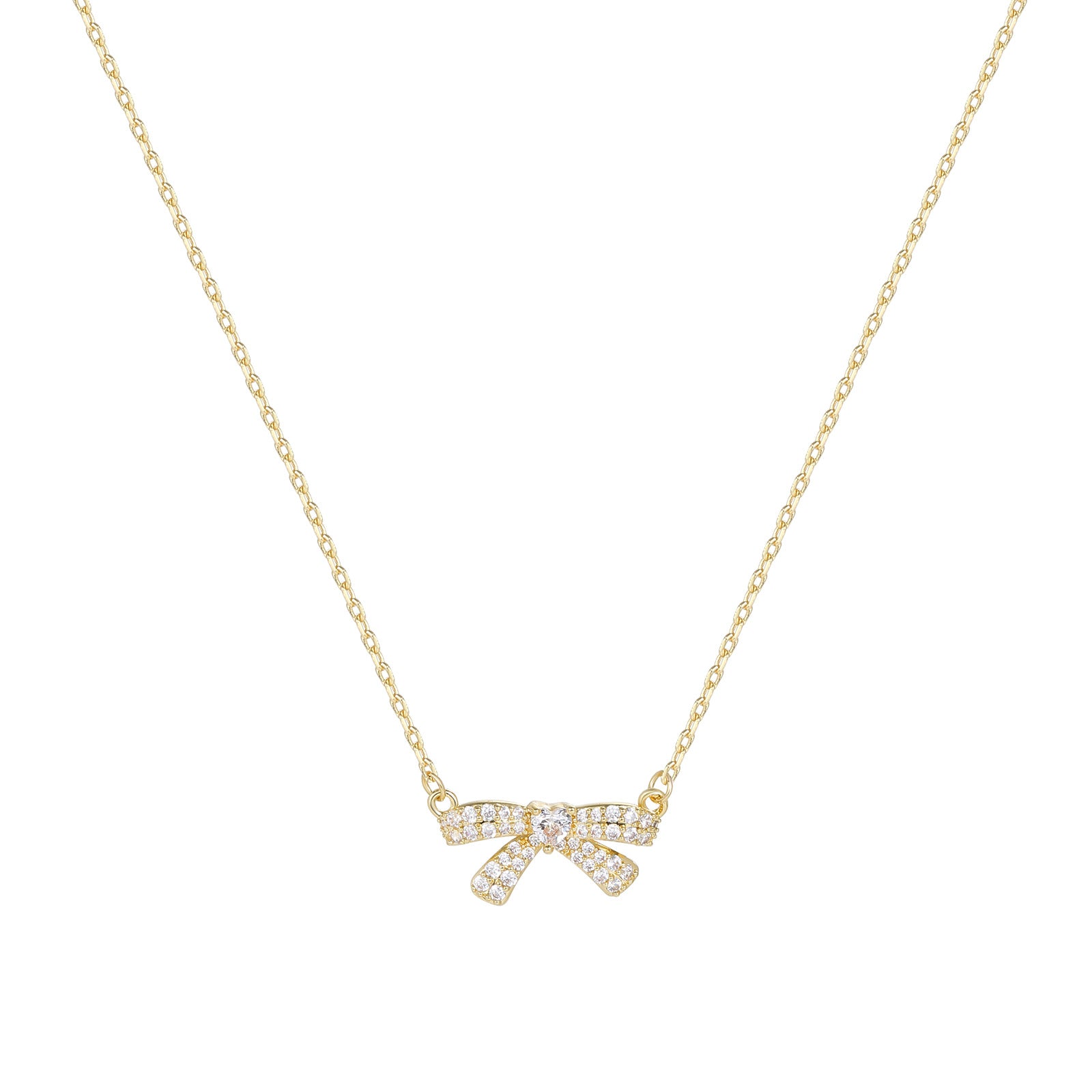 Pavé Clear CZ Bow Pendant Dainty Chain Necklace | 18K Gold Plated Brass | Wholesale OEM