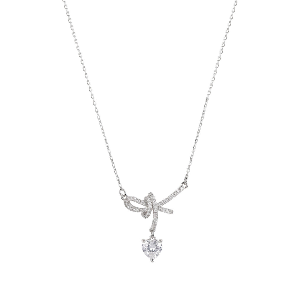Pavé CZ Ribbon Knot Heart Cut Drop Pendant Necklace | Silver Plated Brass | Wholesale OEM