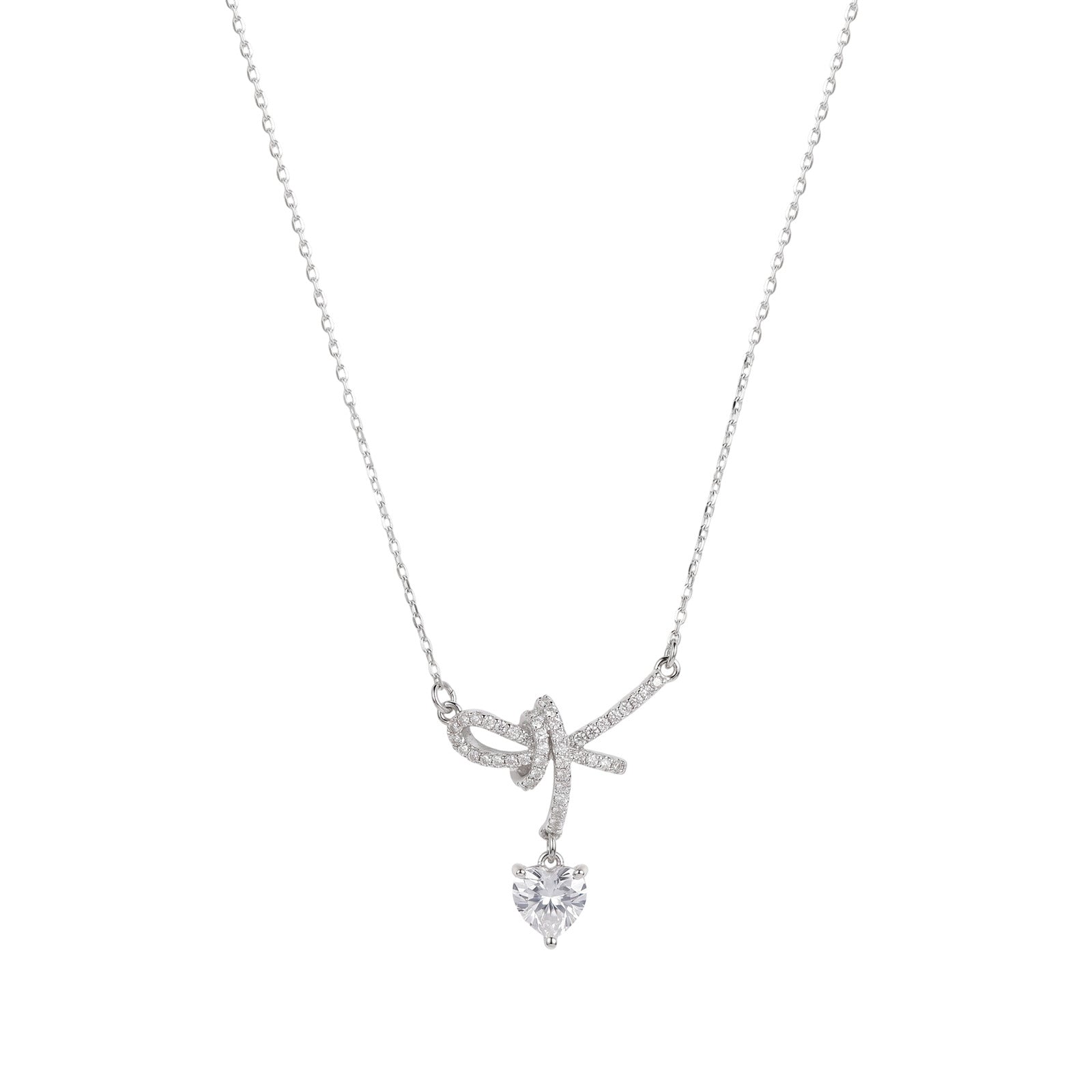 Pavé CZ Ribbon Knot Heart Cut Drop Pendant Necklace | Silver Plated Brass | Wholesale OEM