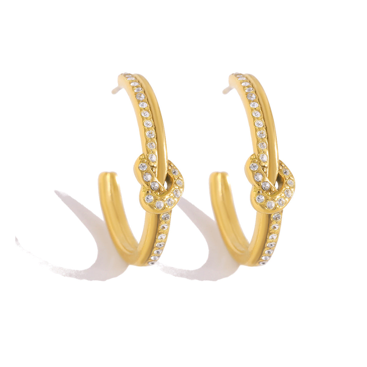 Pave CZ Knot C-Shaped Stud Earrings | 18K Gold Plated 316L Stainless Steel | Wholesale OEM