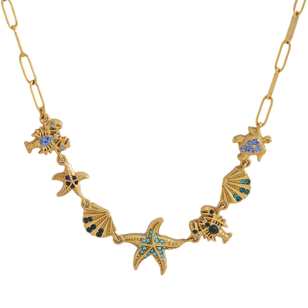 Ocean Creature Blue CZ Paperclip Chain Necklace | 18K Gold Plated 316L Stainless Steel | Wholesale OEM