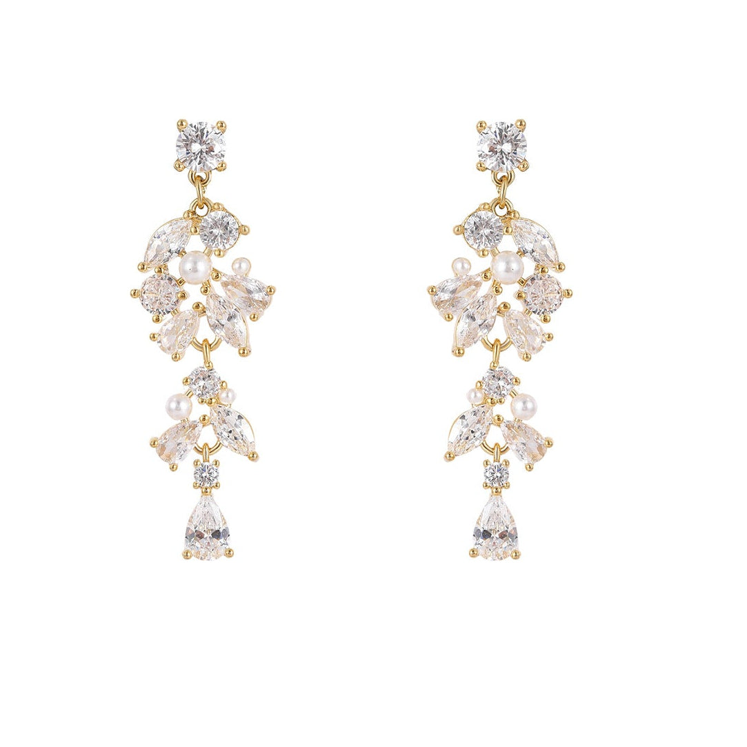 Pearl & Mixed Cut CZ Cascading Leaf Drop Earrings | 18K Gold Plated Brass | Wholesale OEM