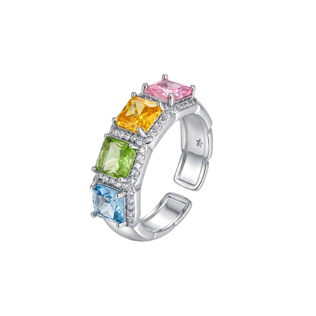 Rainbow Princess Cut CZ Halo Open Band Ring | Silver Plated Brass | Wholesale OEM