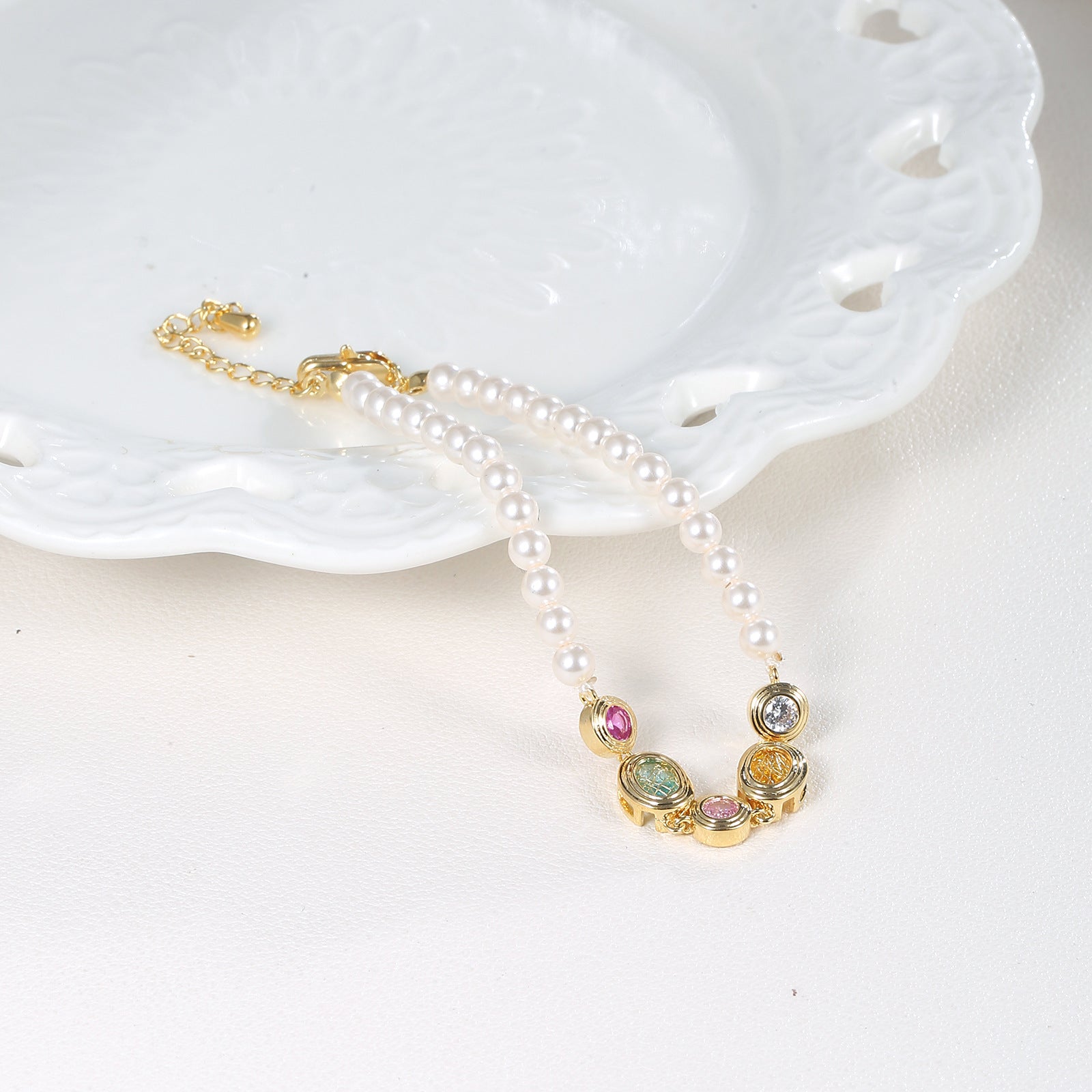 Vintage Medallion Multicolor CZ Pearl Beaded Bracelet | 18K Gold Plated Brass | Wholesale OEM