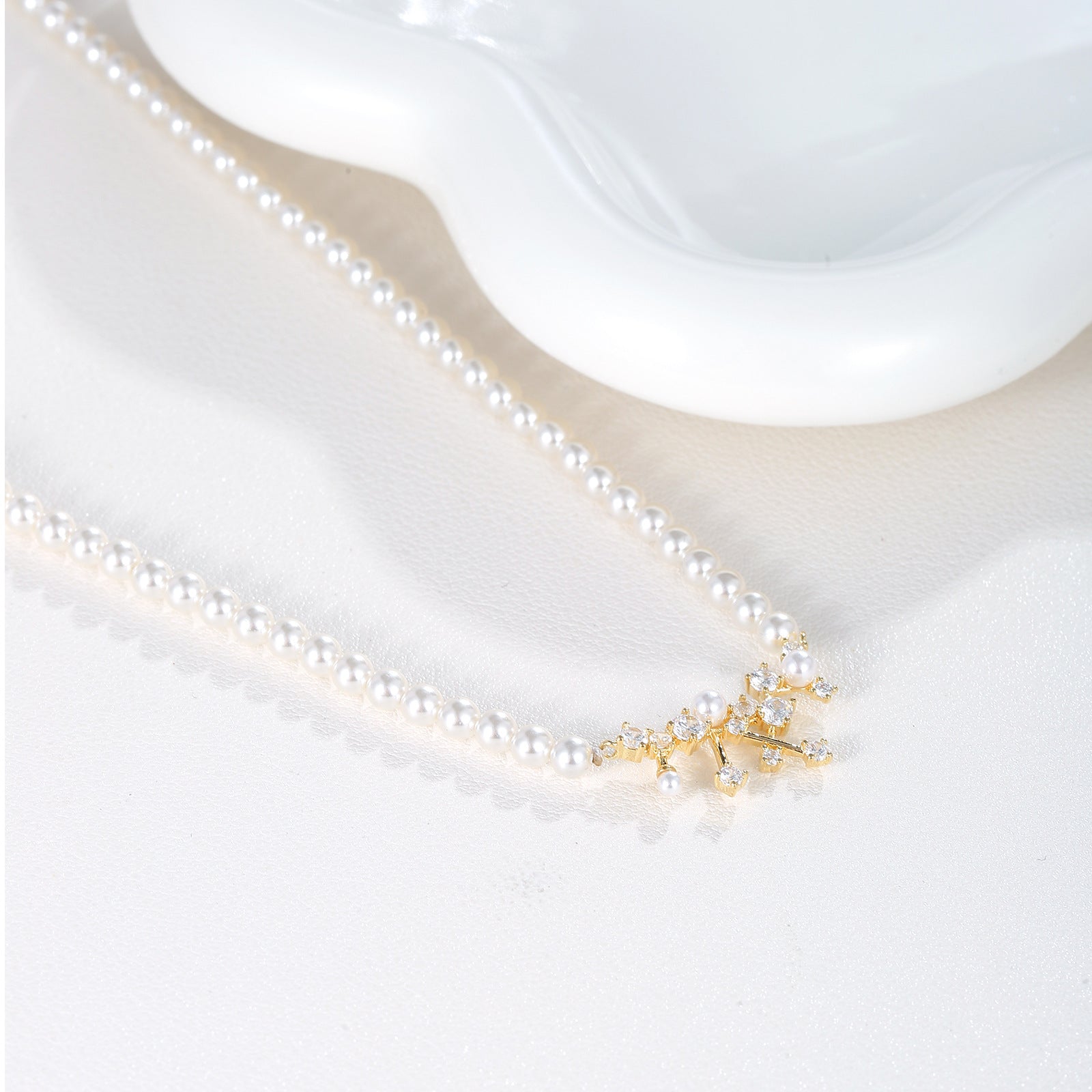 Lustrous Pearl Strand Necklace with CZ Cluster Pendant | 18K Gold Plated Brass | Wholesale OEM