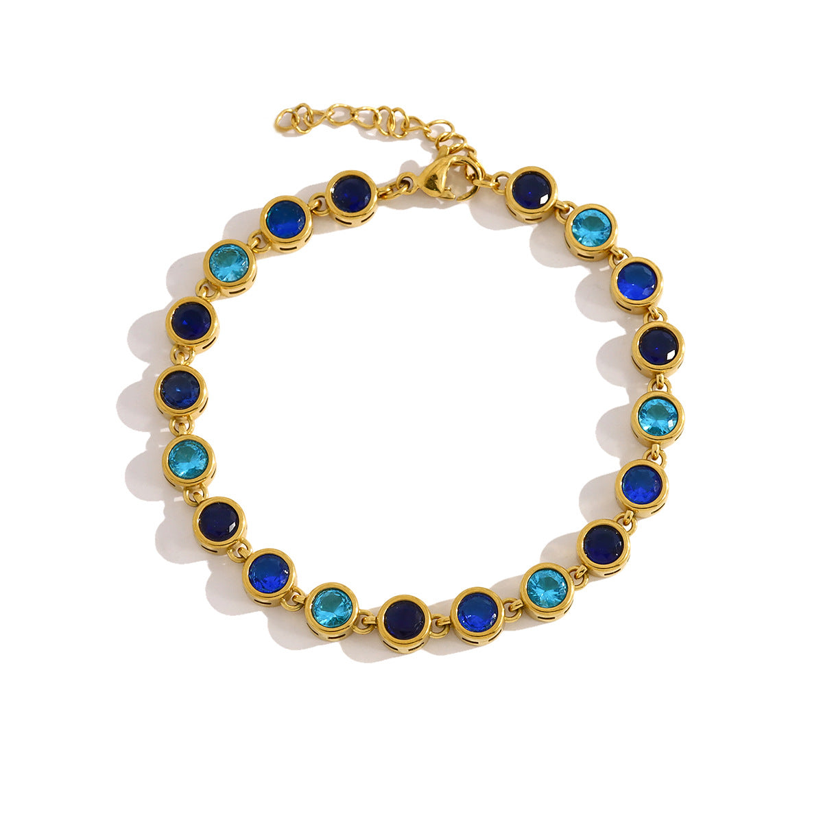 Blue Round CZ Bezel Link Bracelet | 18K Gold Plated 316L Stainless Steel | Wholesale OEM
