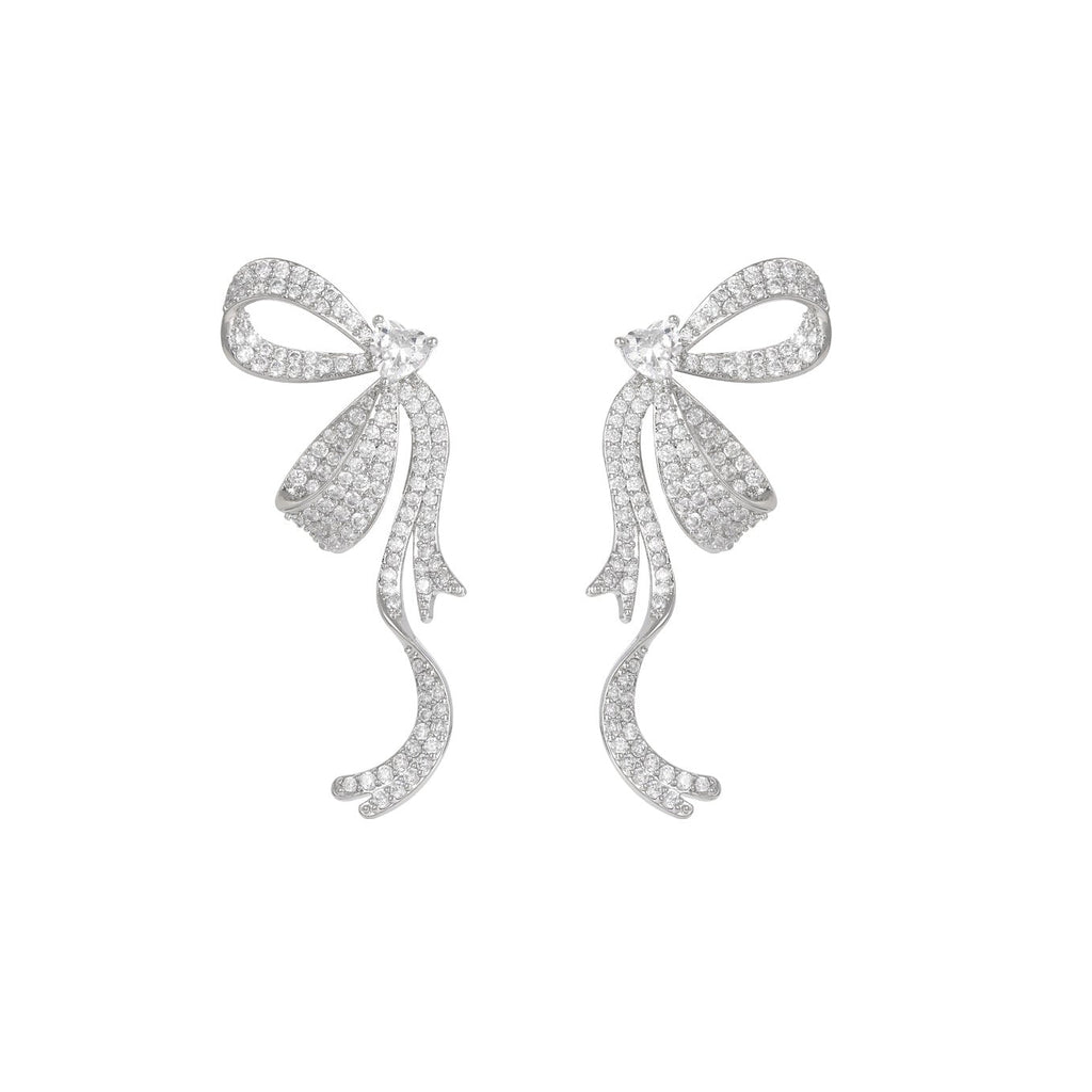 Full Pavé CZ Flowing Bow Drop Earrings | Silver Plated Brass | Wholesale OEM