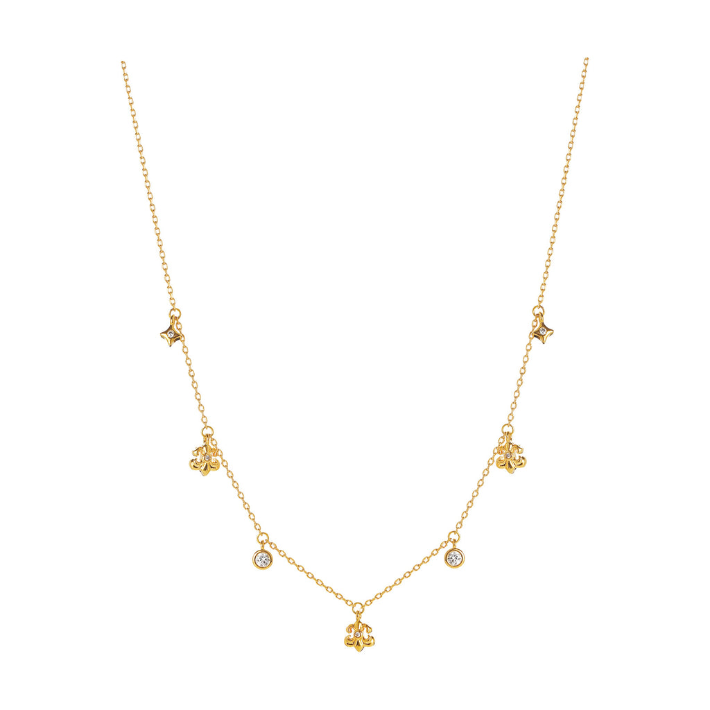 Dainty Fleur-de-lis & Star CZ Charm Station Necklace | 18K Gold Plated Brass | Wholesale OEM