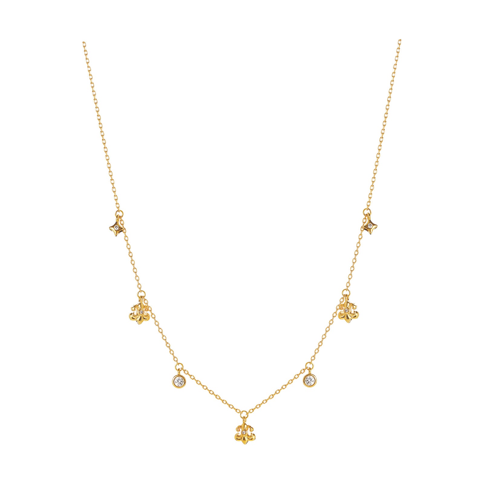 Dainty Fleur-de-lis & Star CZ Charm Station Necklace | 18K Gold Plated Brass | Wholesale OEM