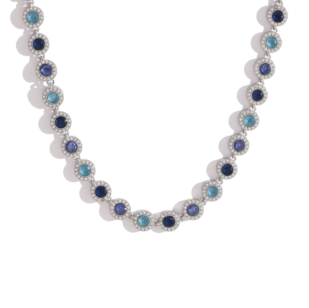 Gradient Blue CZ Halo Tennis Necklace | Silver Tone 316L Stainless Steel | Wholesale OEM