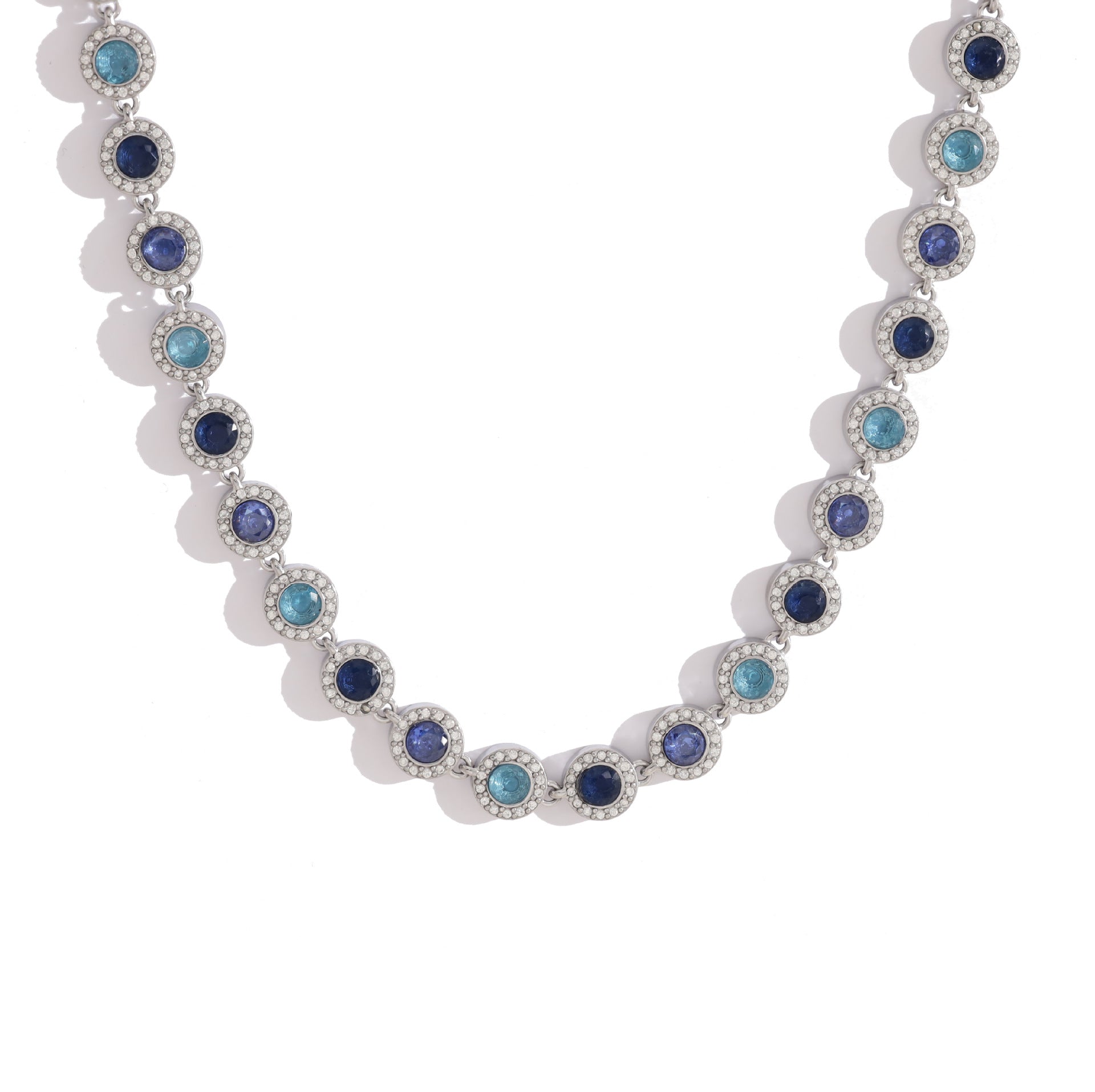 Gradient Blue CZ Halo Tennis Necklace | Silver Tone 316L Stainless Steel | Wholesale OEM