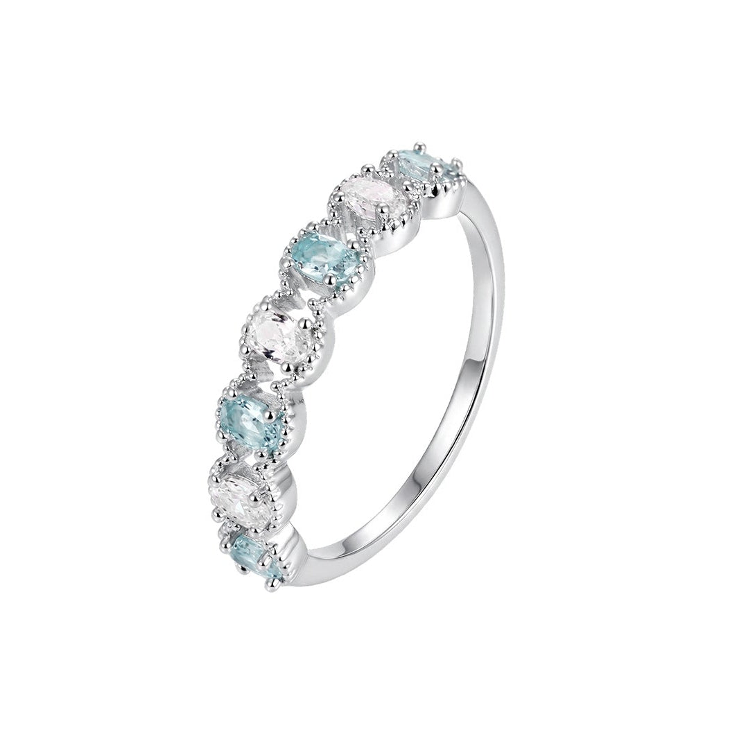 Alternating Blue & Clear CZ Half Eternity Band Ring | Silver Plated Brass | Wholesale OEM