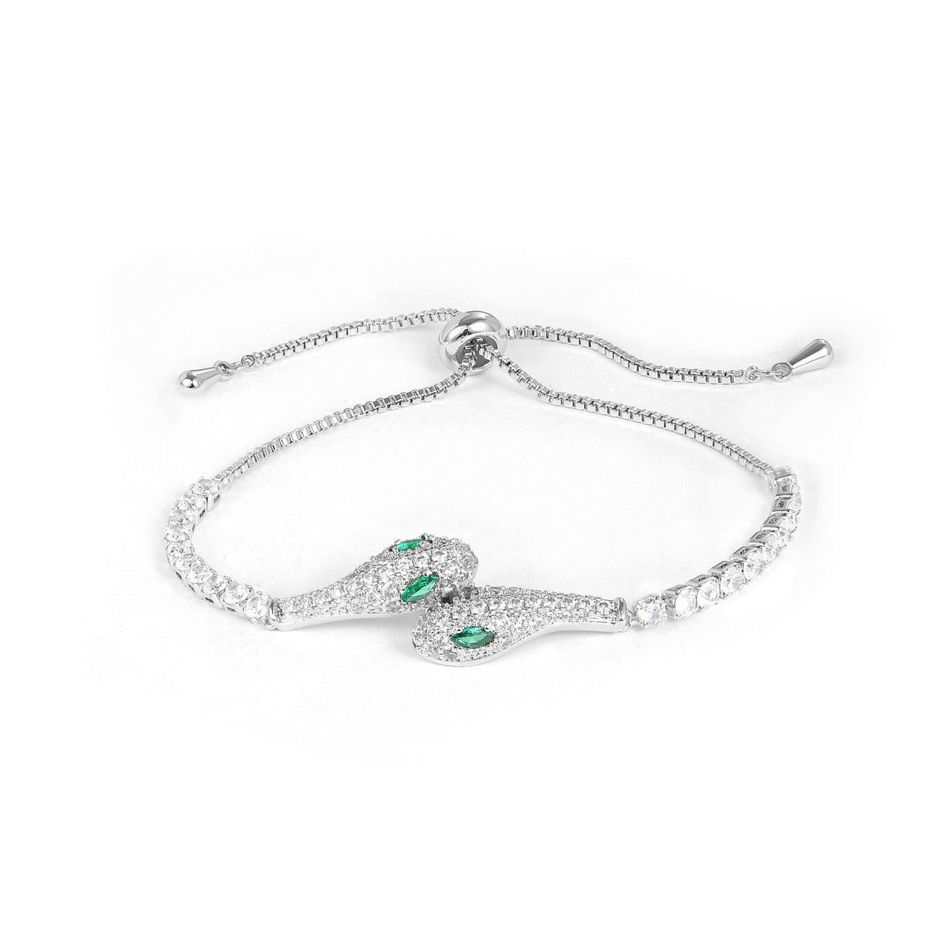 Emerald Eye Pavé CZ Double Snake Head Adjustable Tennis Bracelet | Silver Plated Brass | Wholesale OEM