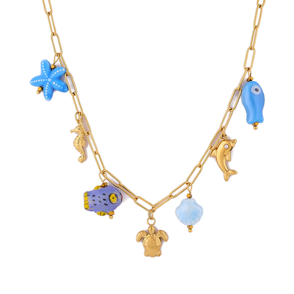 Summer Ocean Mixed Charm Paperclip Chain Necklace | 18K Gold Plated 316L Stainless Steel | Wholesale OEM