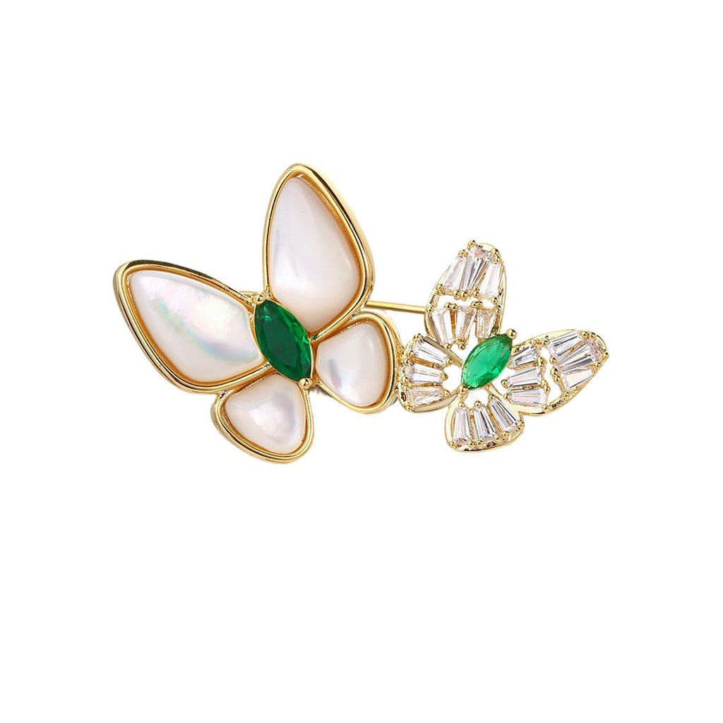 Mother of Pearl & Emerald CZ Double Butterfly Brooch | 18K Gold Plated Brass | Wholesale OEM