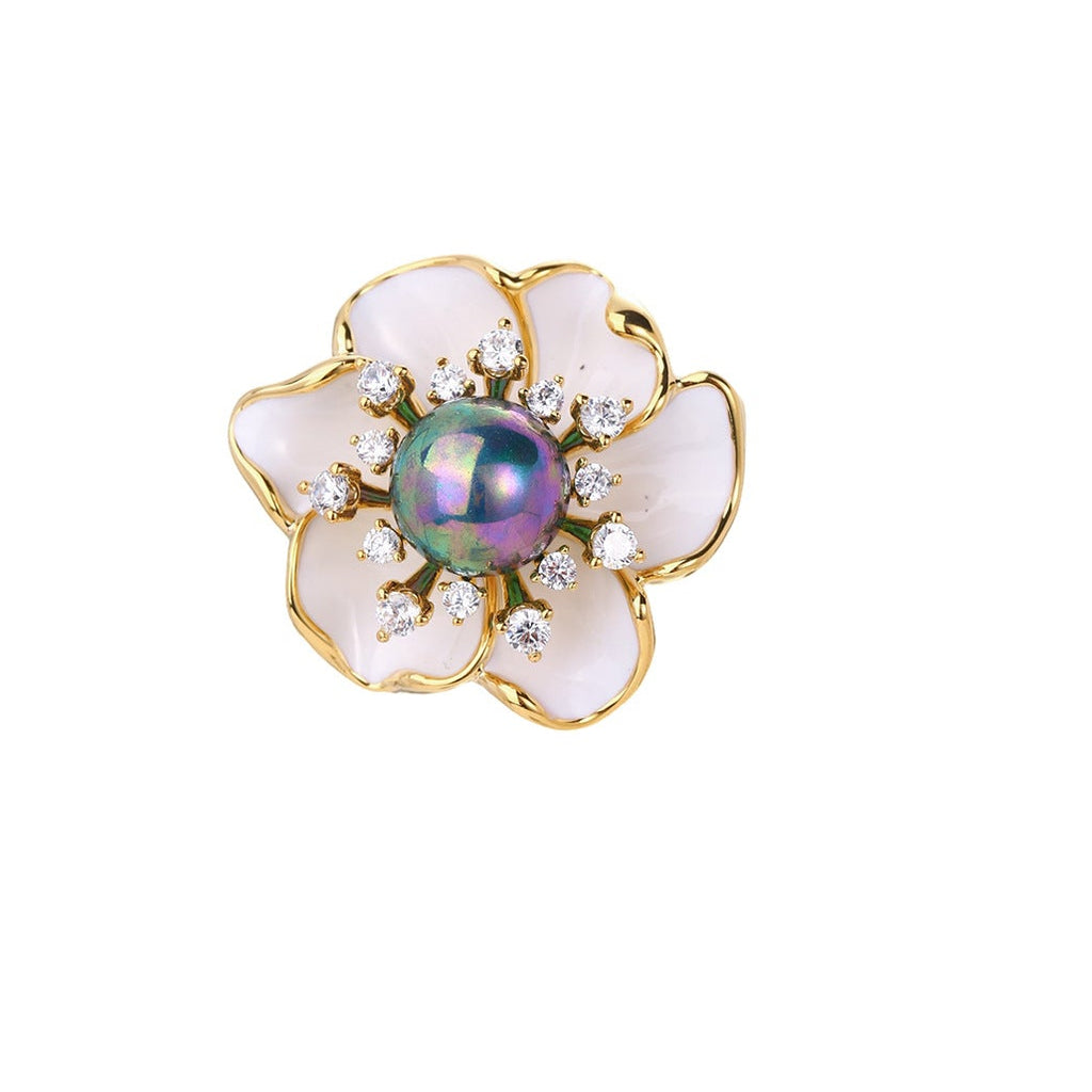 White Enamel Floral Brooch with Iridescent Pearl & CZ Halo | 18K Gold Plated Brass | Wholesale OEM
