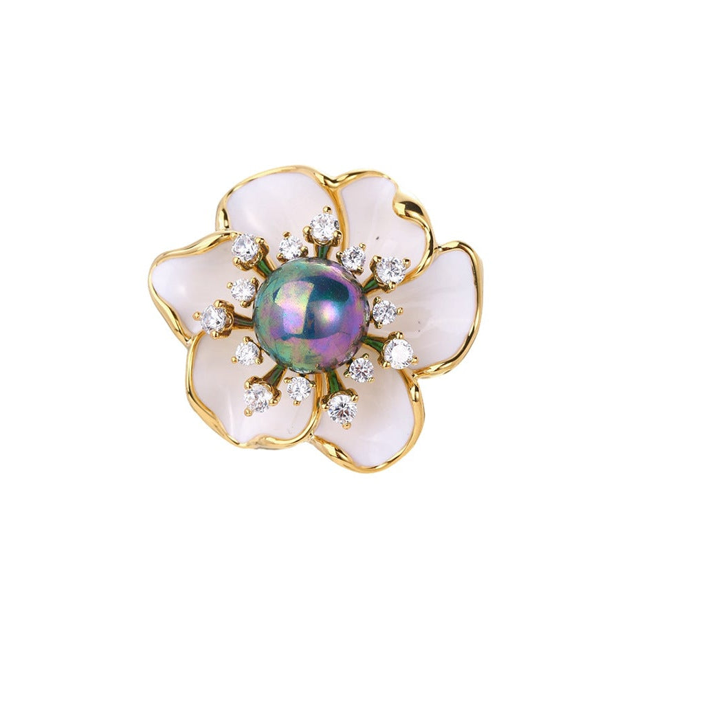 White Enamel Floral Brooch with Iridescent Pearl & CZ Halo | 18K Gold Plated Brass | Wholesale OEM