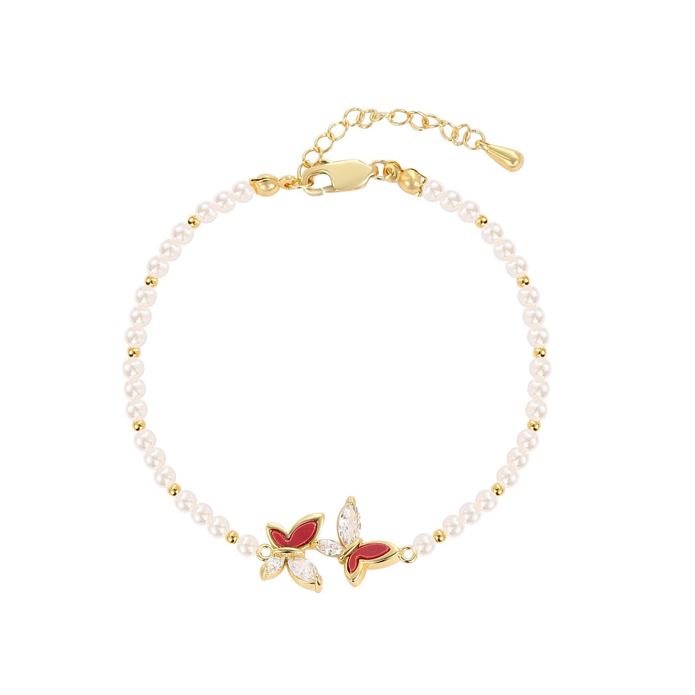 Red Enamel & Marquise CZ Butterfly Pearl Beaded Bracelet | 18K Gold Plated Brass | Wholesale OEM