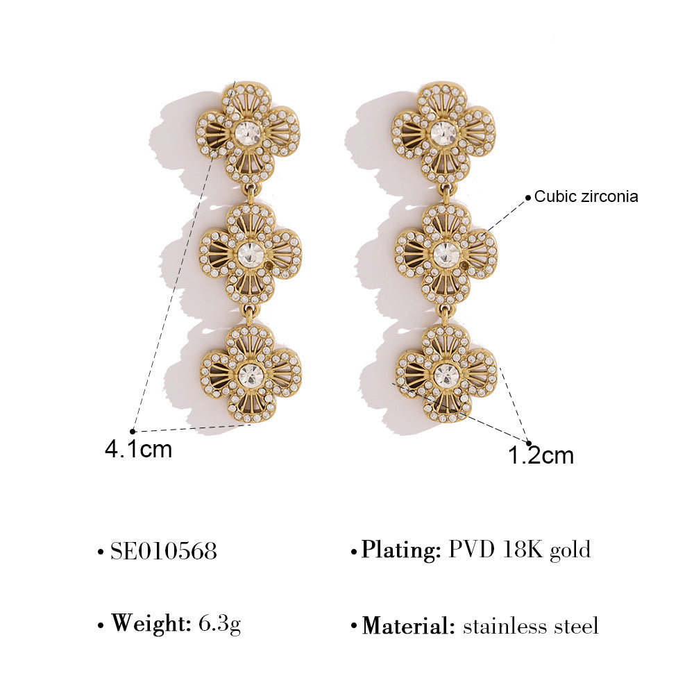 Triple Flower Pave CZ Drop Earrings | 18K Gold Plated 316L Stainless Steel | Wholesale OEM