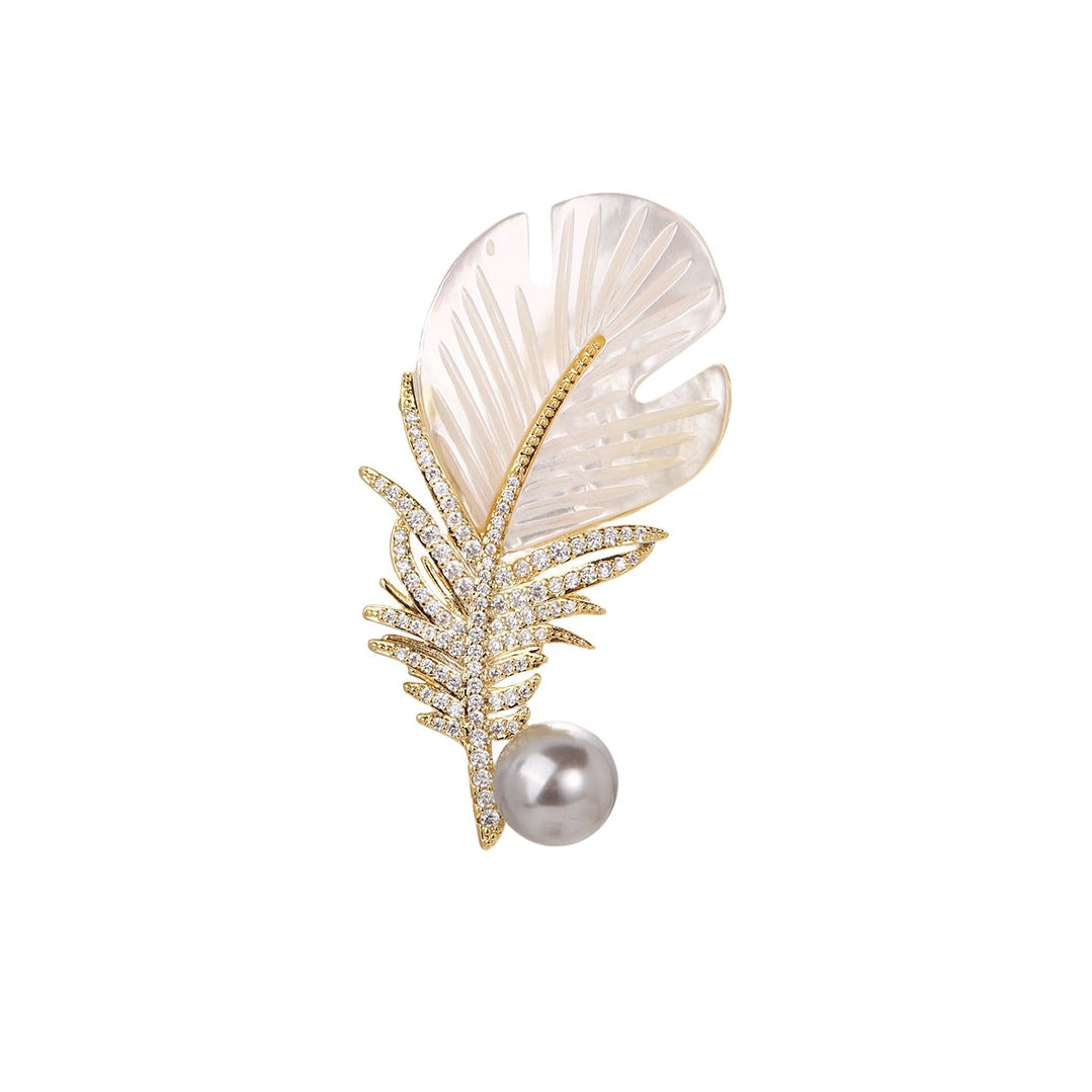 Carved Mother of Pearl Feather Brooch with Pavé CZ & Grey Pearl | 18K Gold Plated Brass | Wholesale OEM