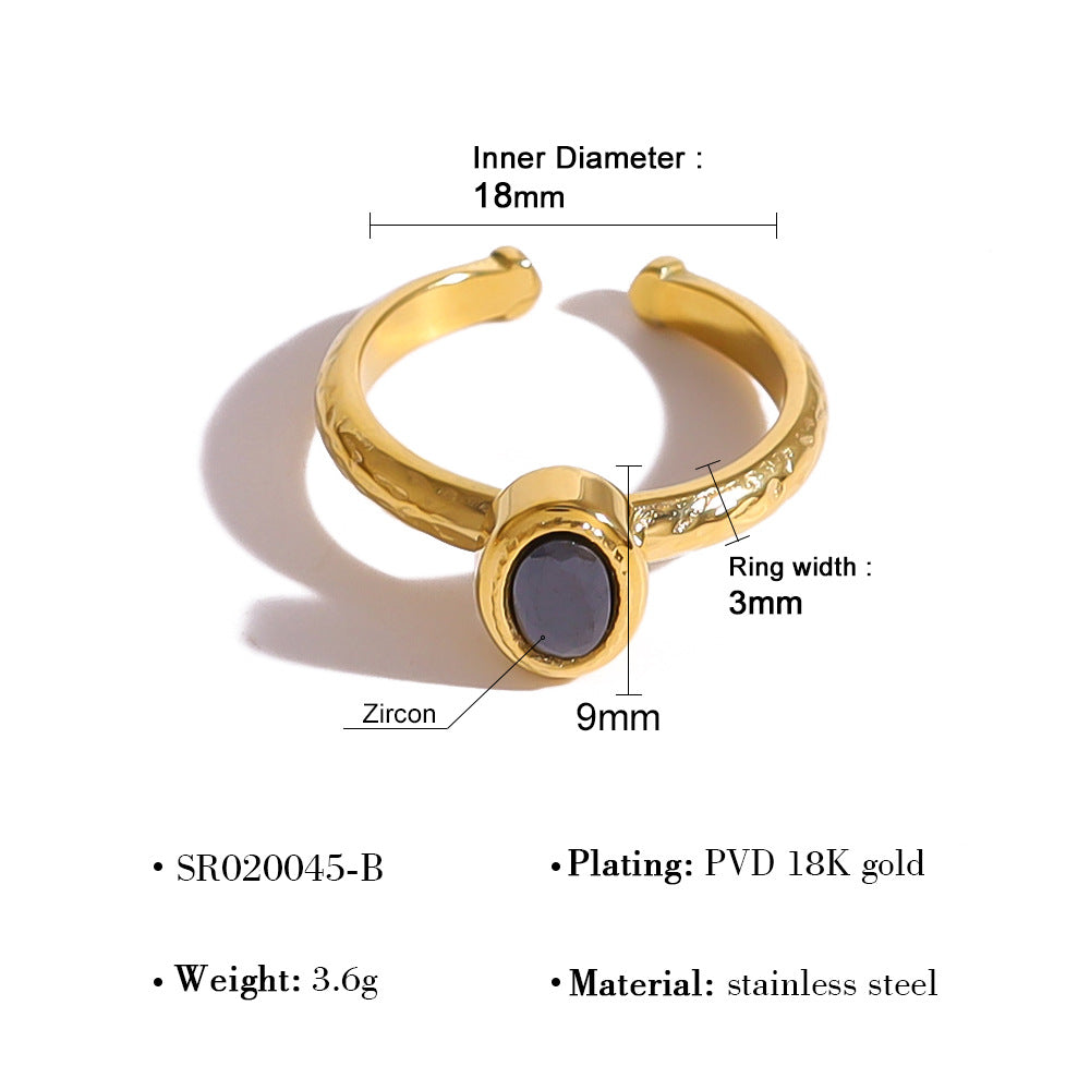 Oval Zircon Hammered Ring | 18K Gold Plated 316L Stainless Steel | Adjustable Wholesale