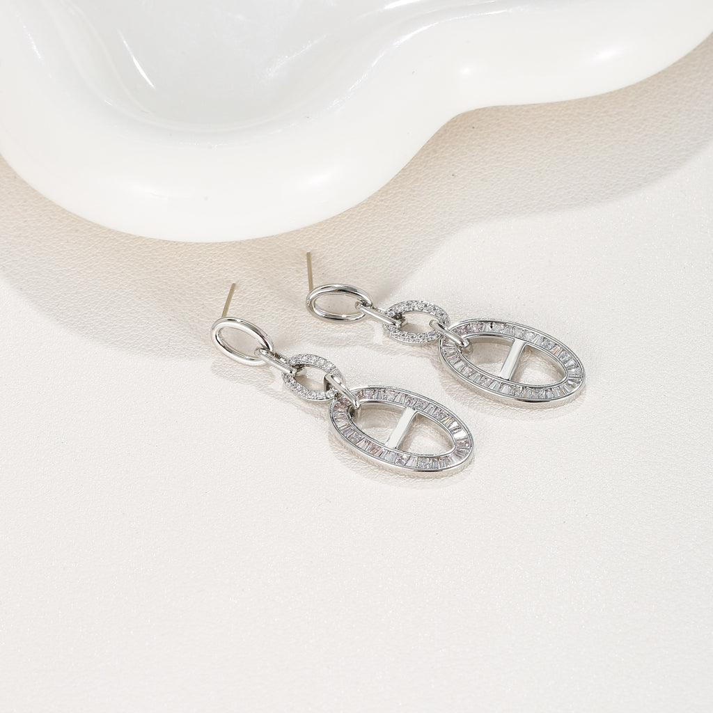 Baguette & Round CZ Linked Oval Drop Earrings | 18K Gold Plated Brass | Wholesale OEM