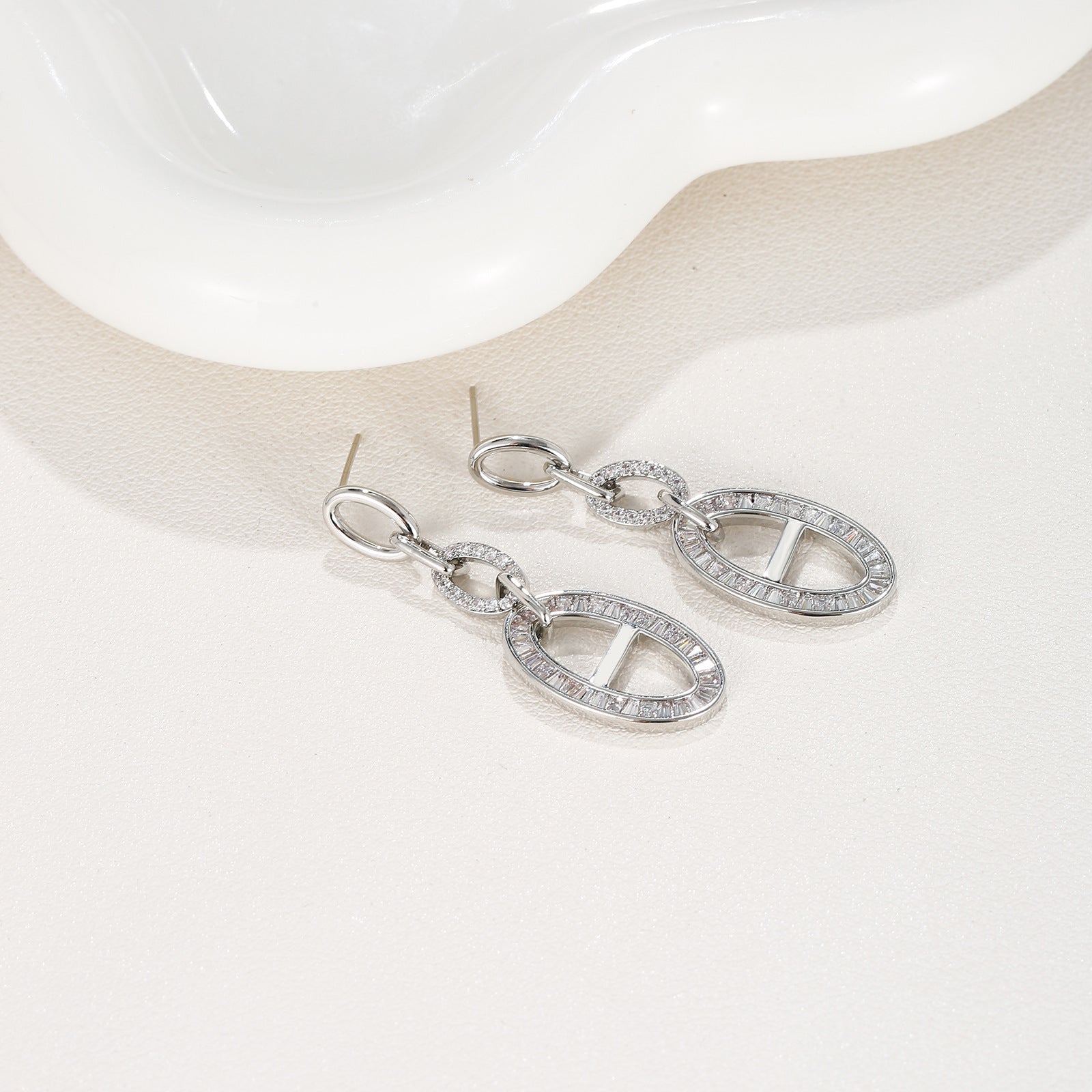 Baguette & Round CZ Linked Oval Drop Earrings | 18K Gold Plated Brass | Wholesale OEM
