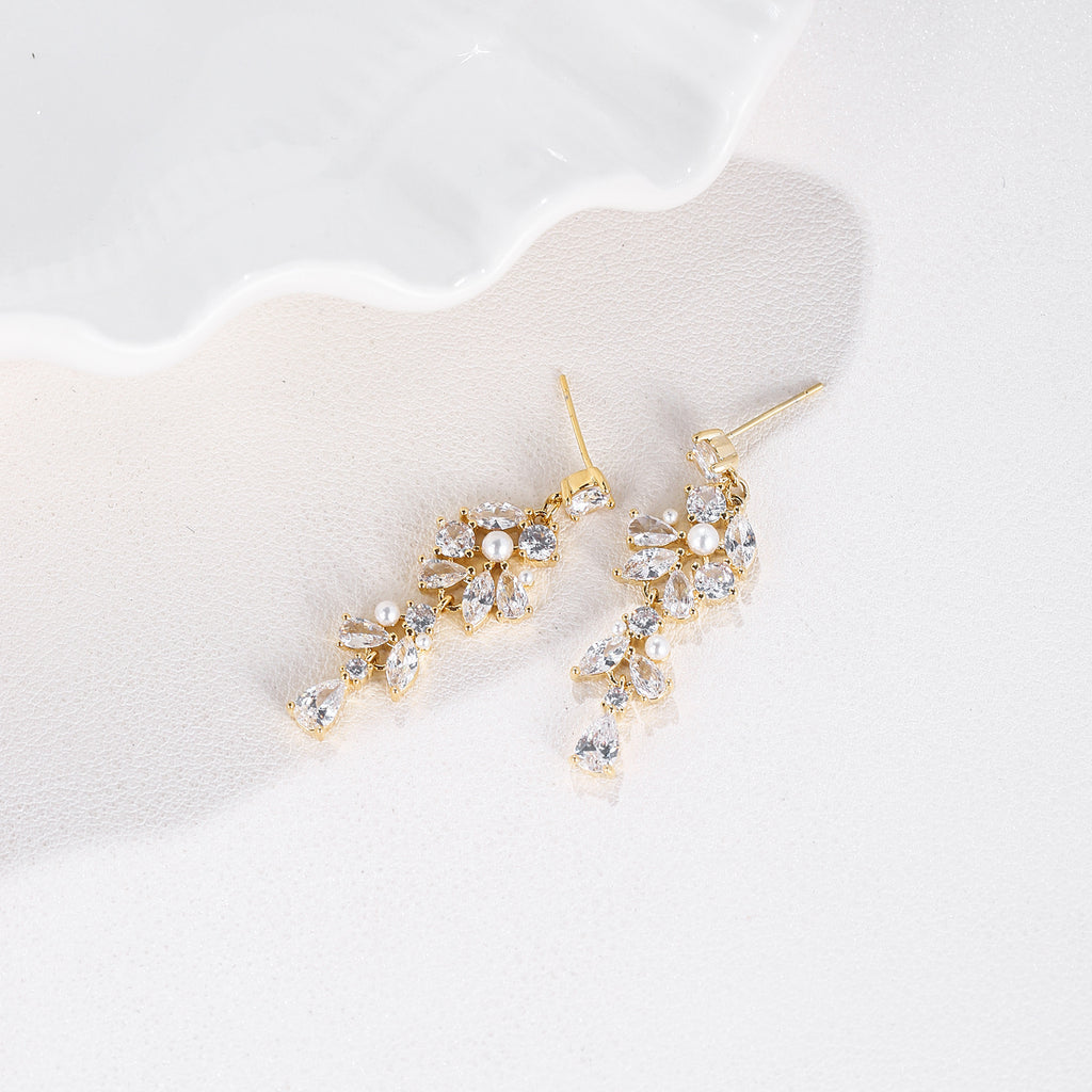 Pearl & Mixed Cut CZ Cascading Leaf Drop Earrings | 18K Gold Plated Brass | Wholesale OEM