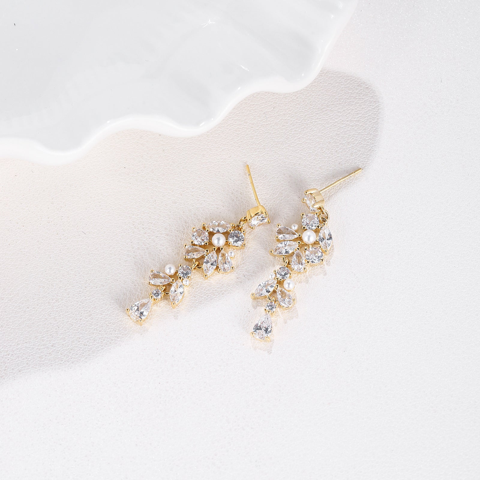 Pearl & Mixed Cut CZ Cascading Leaf Drop Earrings | 18K Gold Plated Brass | Wholesale OEM