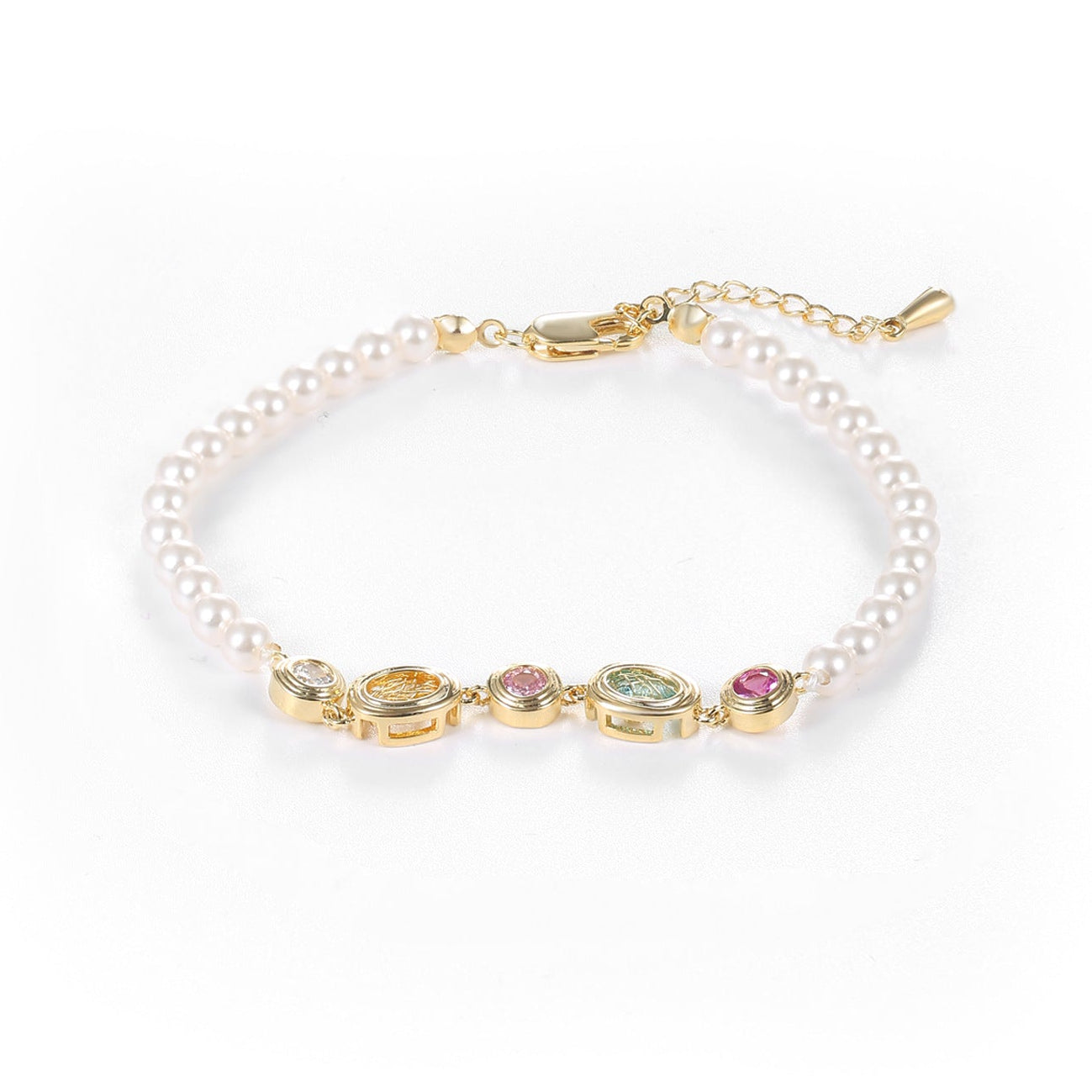Vintage Medallion Multicolor CZ Pearl Beaded Bracelet | 18K Gold Plated Brass | Wholesale OEM